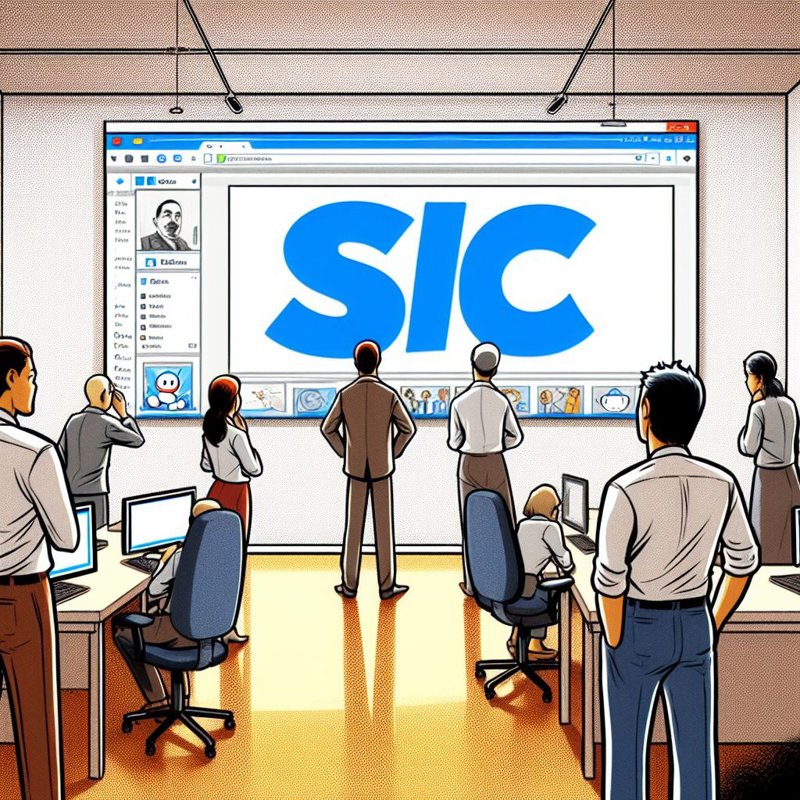 fumetto di impiegati che guardano un browser con scritto SIC
